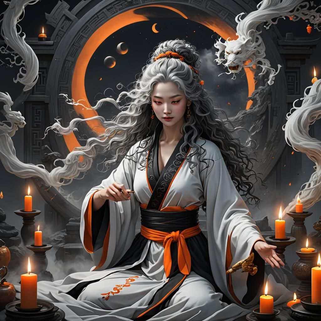 Woman in Taoist Robe Lit by Moonlight