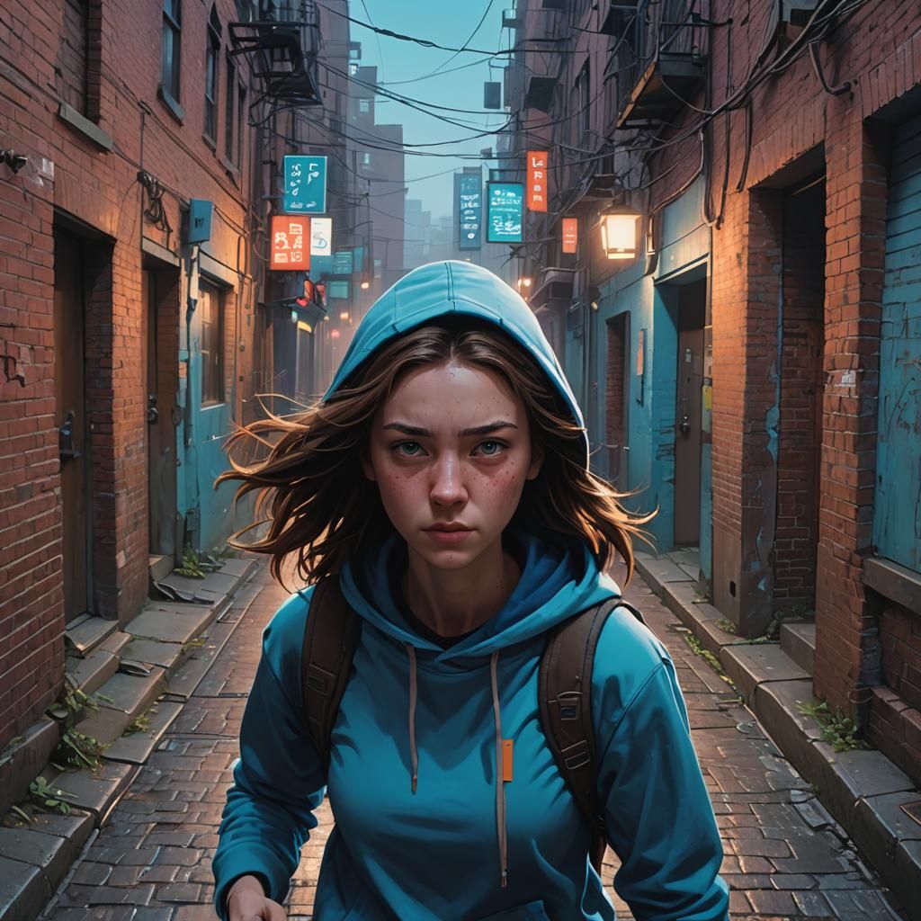 Girl in Hoodie Running in Alley: Matte Painting