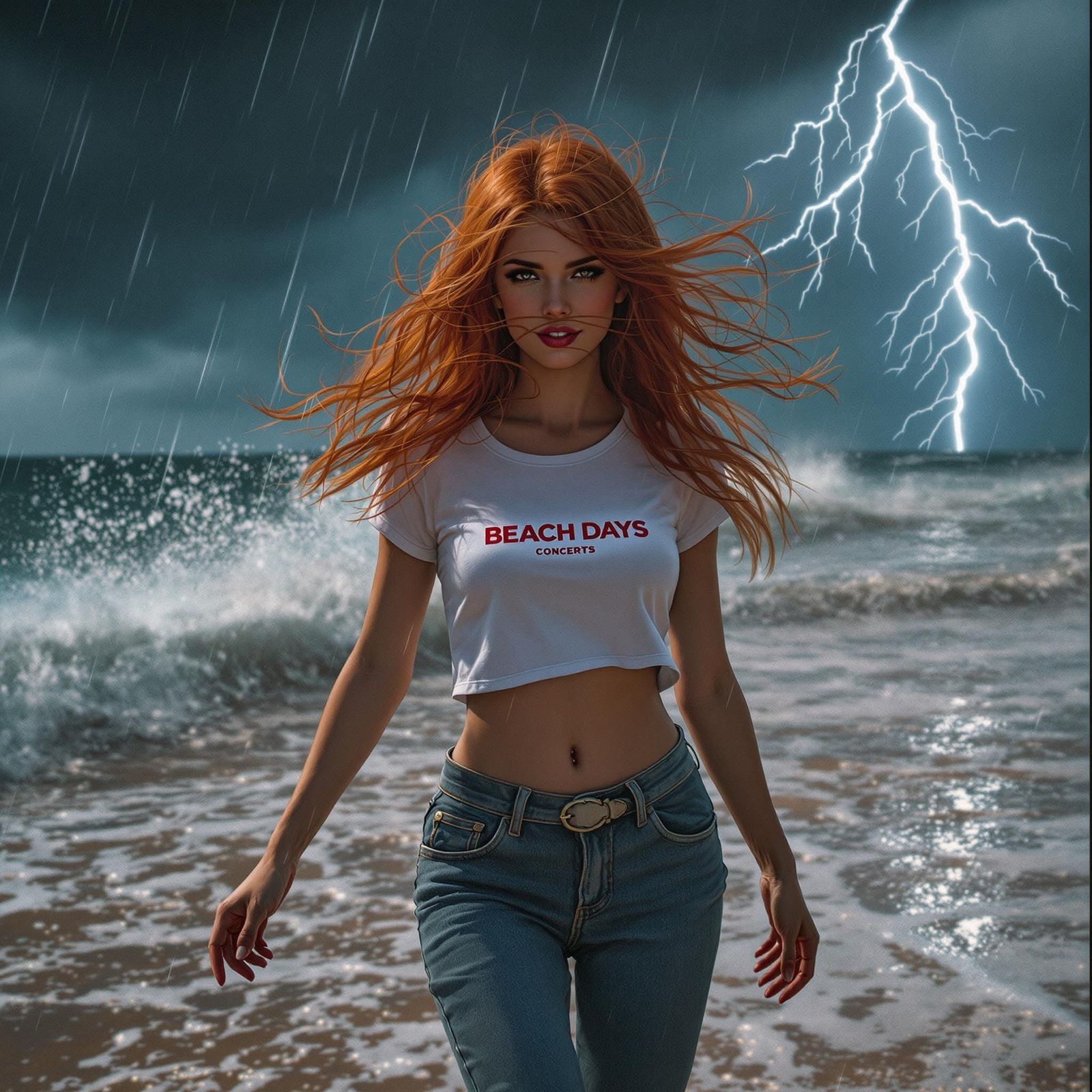 Woman Dancing on Stormy Beach in Hyperrealism Style