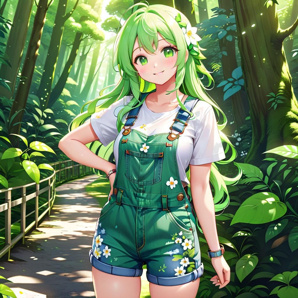 Anime Chibi Girl in Floral Overalls in Fantasy Forest
