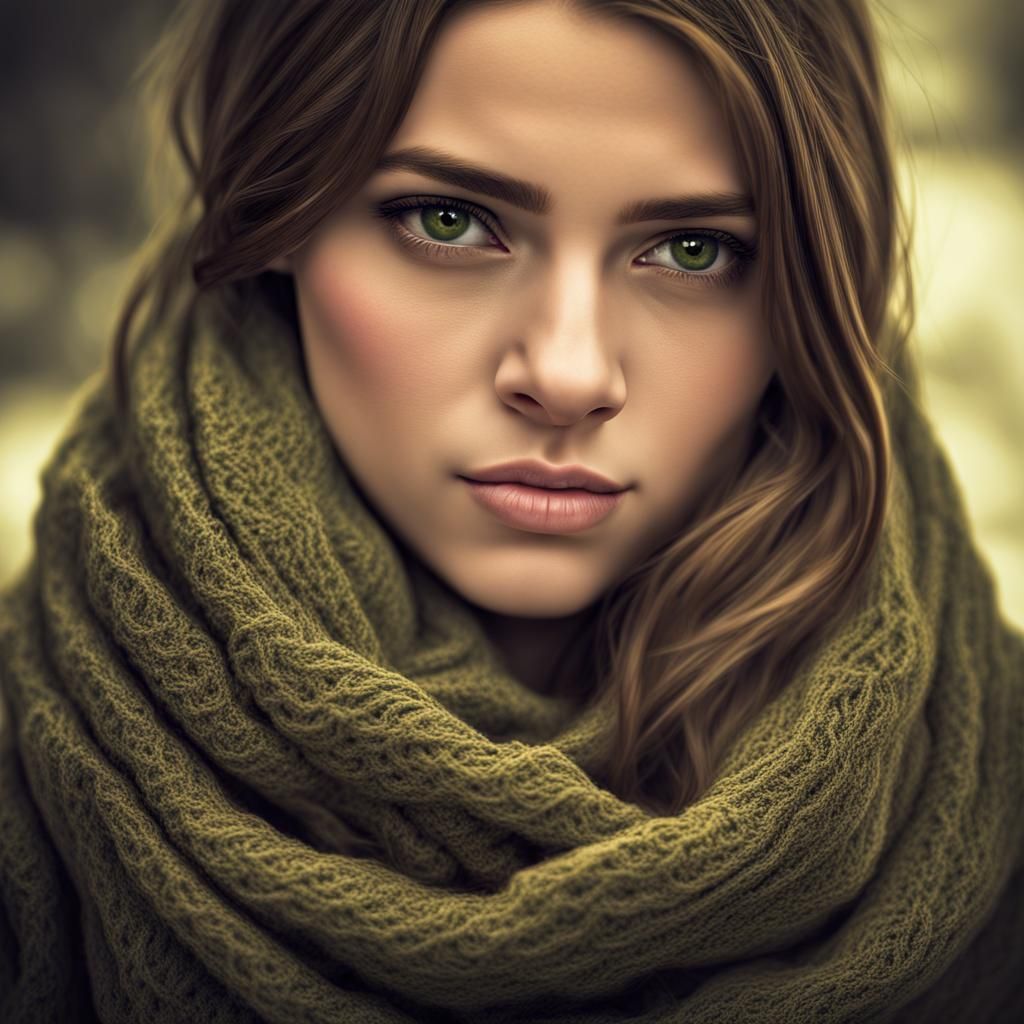 Hyperrealistic Portrait of Girl with Scarf