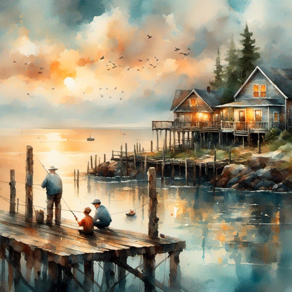 Grandpa and Grandson Fishing at New England Village