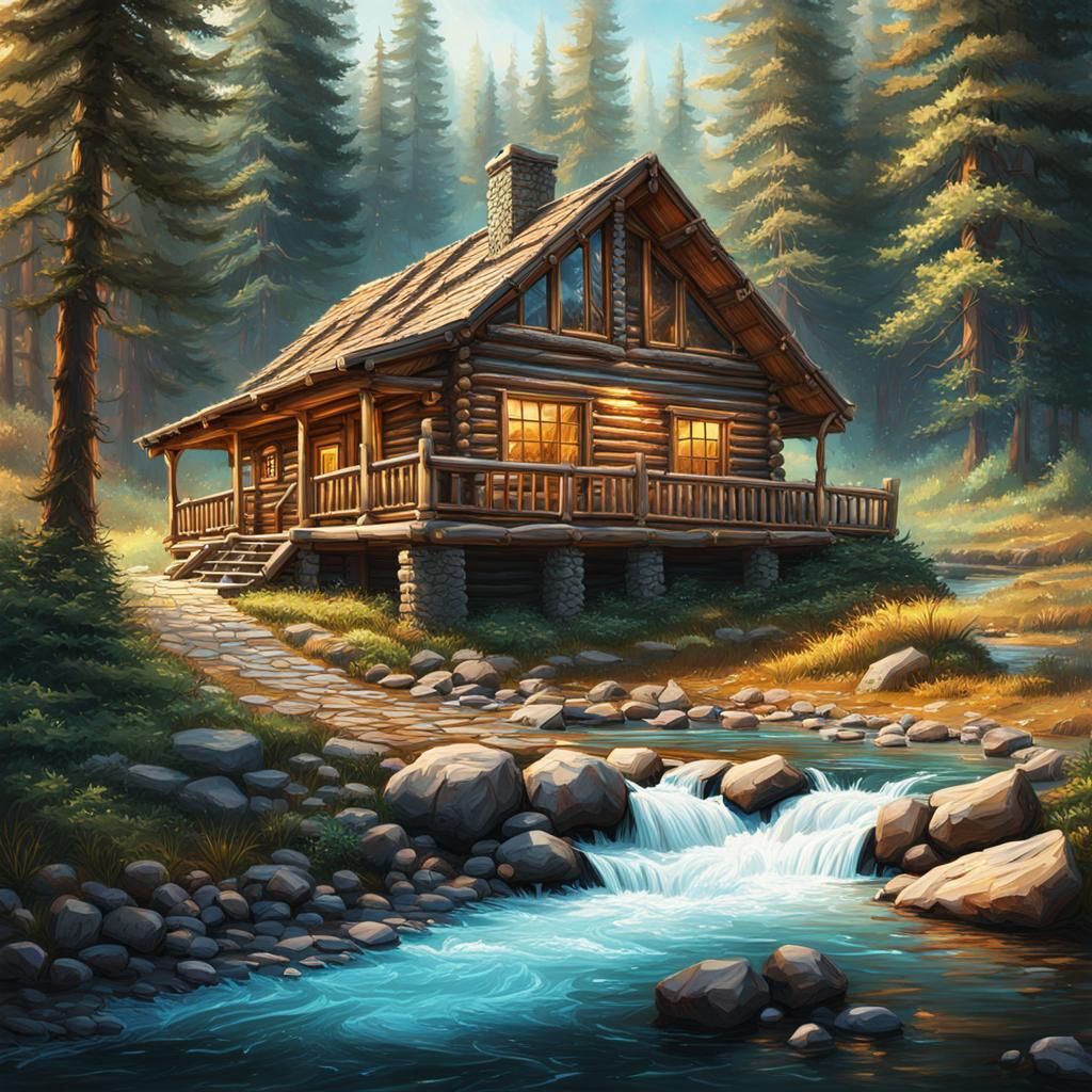 Hyperrealistic Log Cabin by Forest Stream