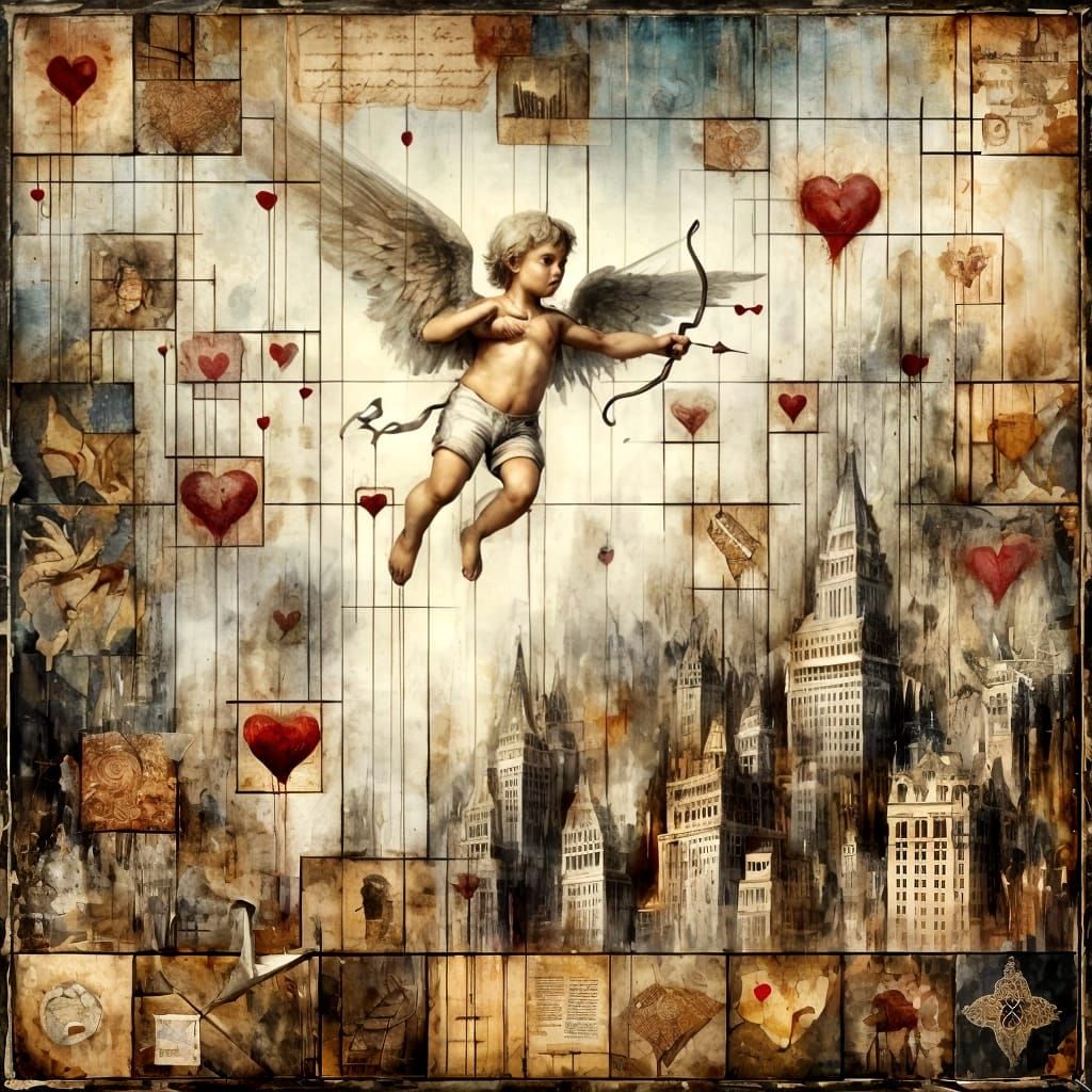 Miniature Cupid Soars Over Urban Landscape in Whimsical, Ant...