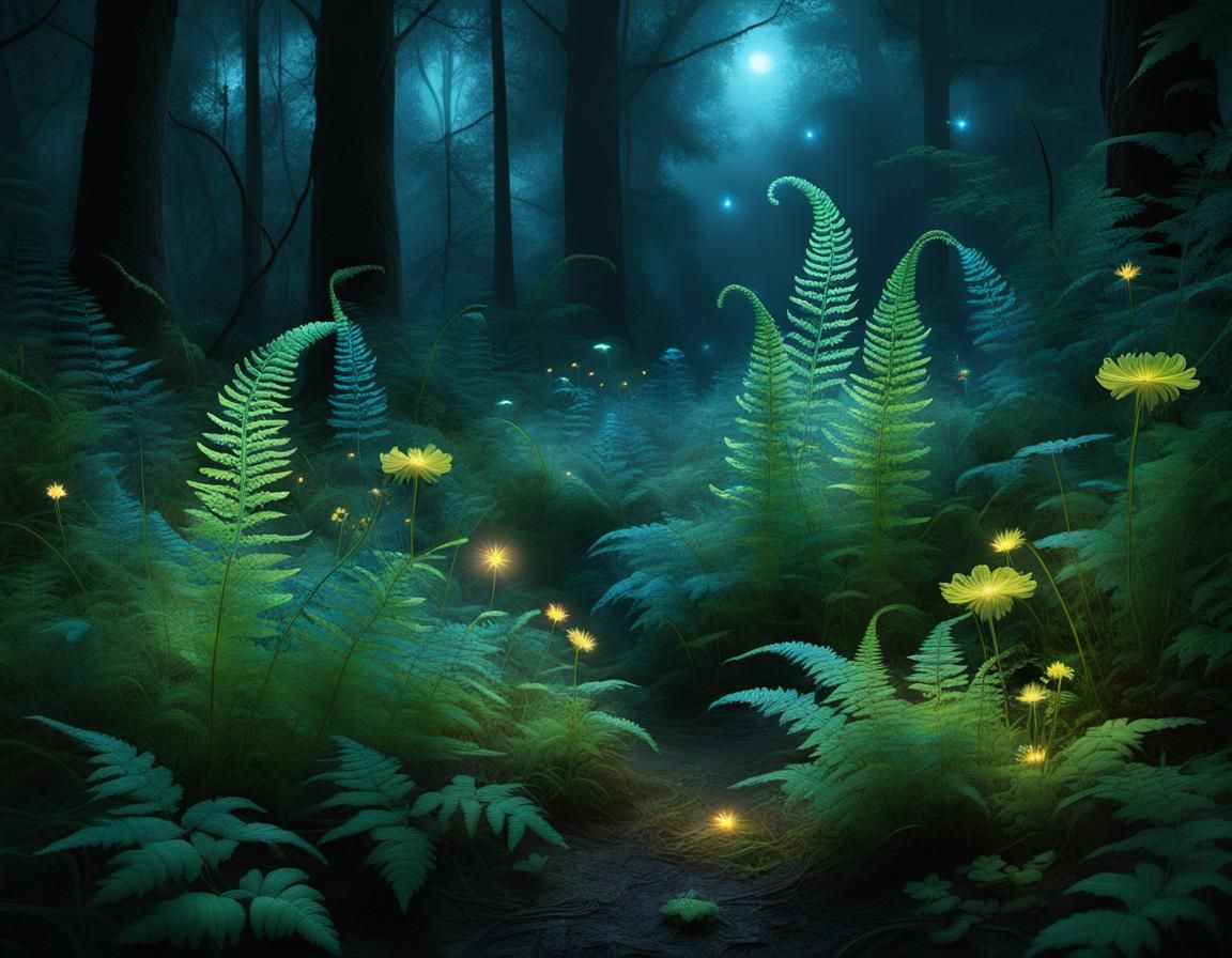 Ethereal Bioluminescent Forest with Fireflies