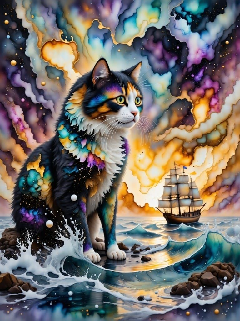 Giant Calico Cat in Stormy Ocean, Grungy Oil Painting