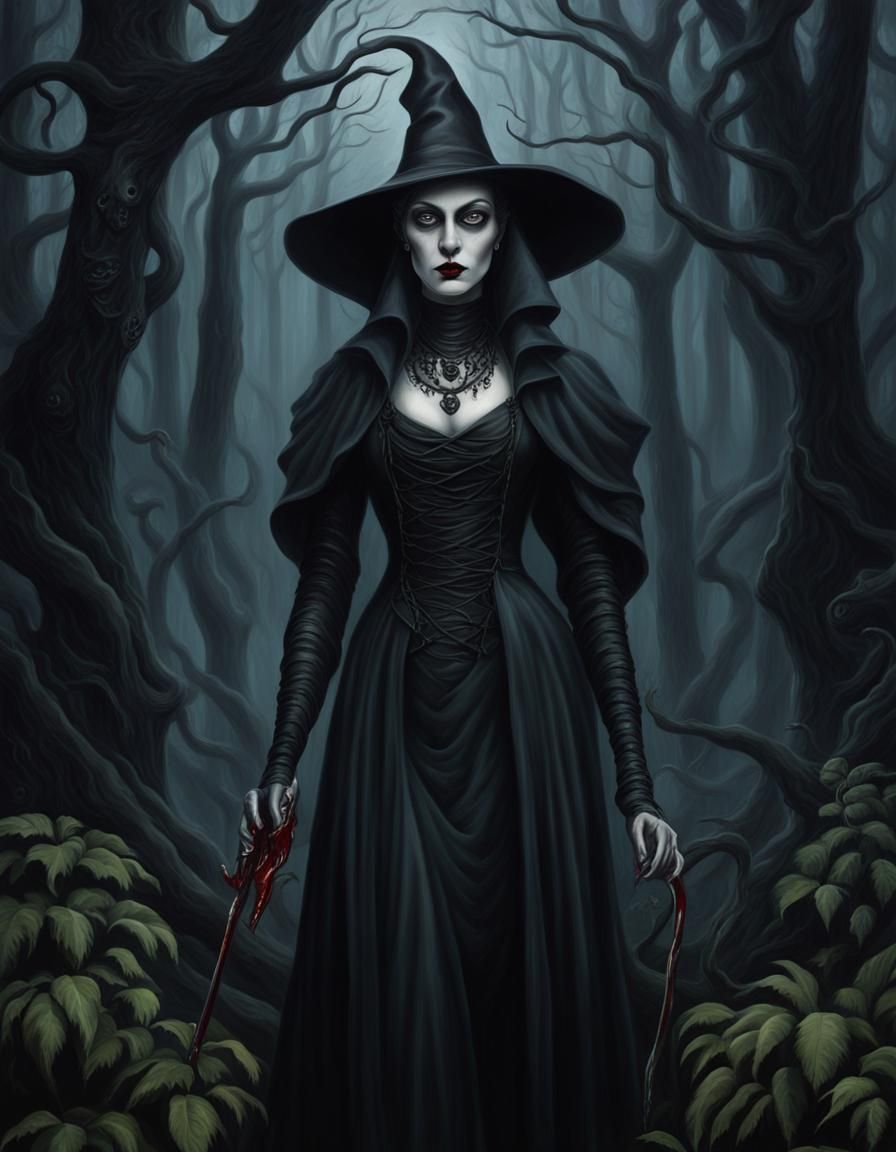 Gothic Sorceress Portrait in Macabre Forest