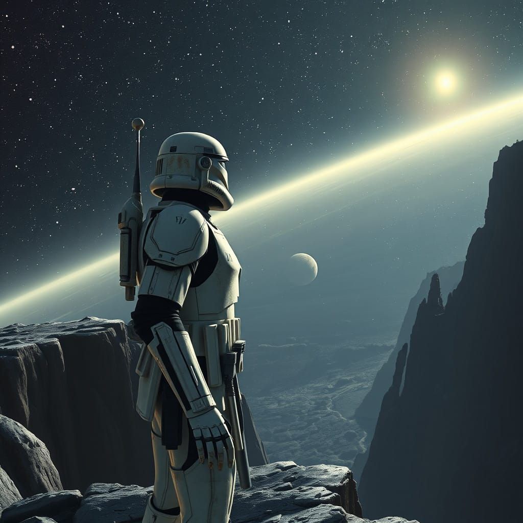 Futuristic Clone Trooper Stepping into Eternity in Cosmic La...