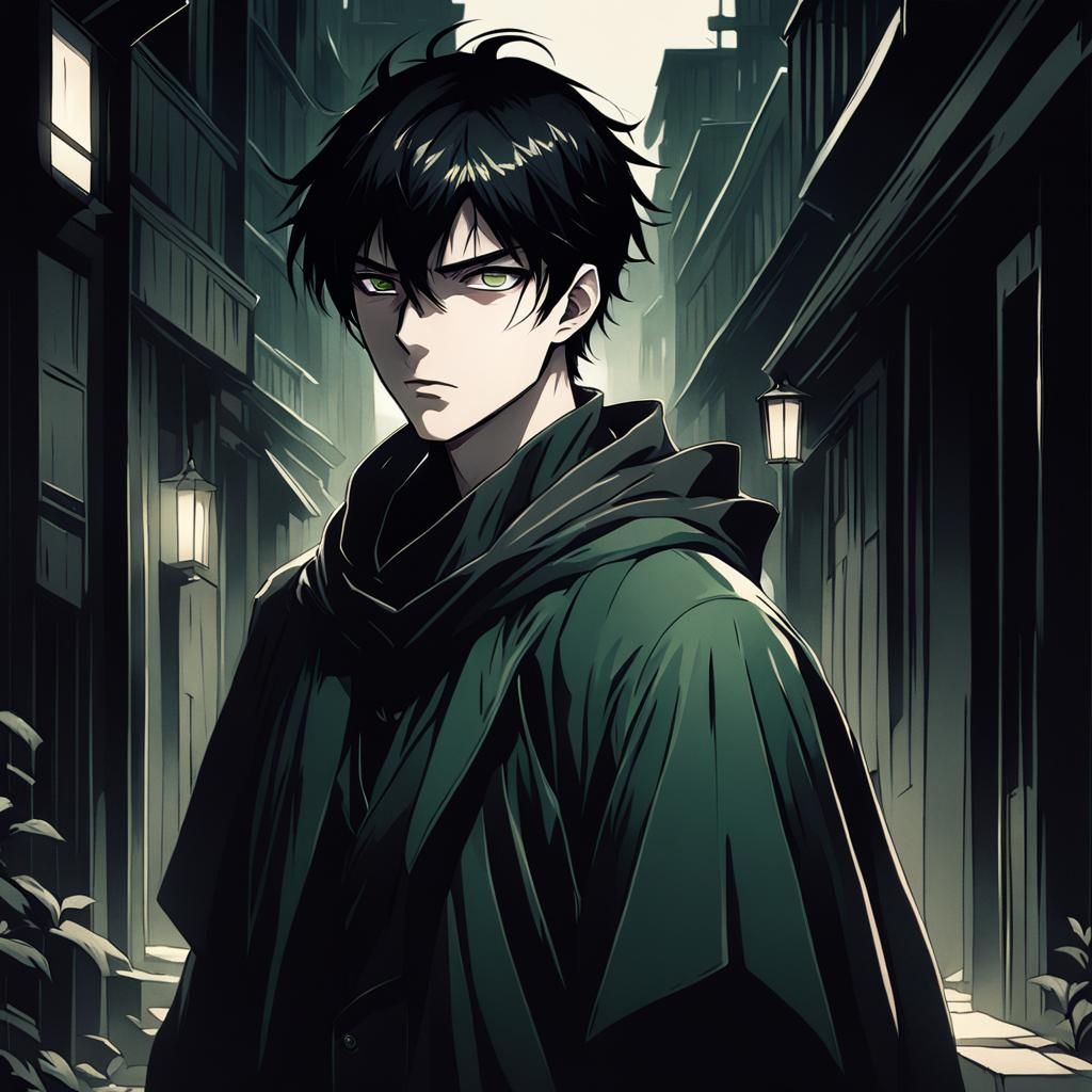 Moody Anime Boy with Green Cloak Illustration
