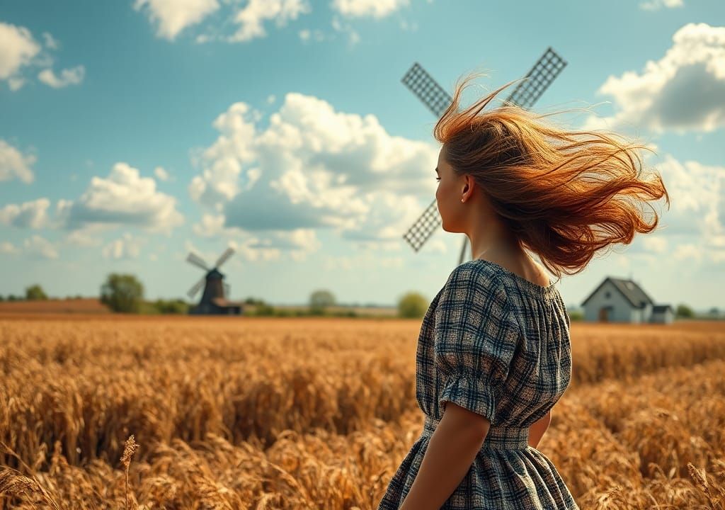 Farm Girl and Windmill in Classic Painting Style