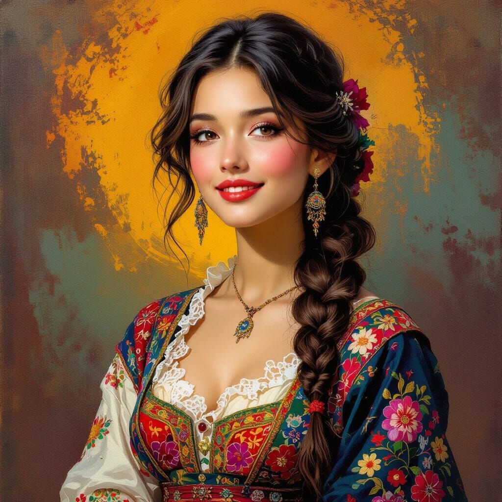 Joyful Young Woman in Embroidered Attire