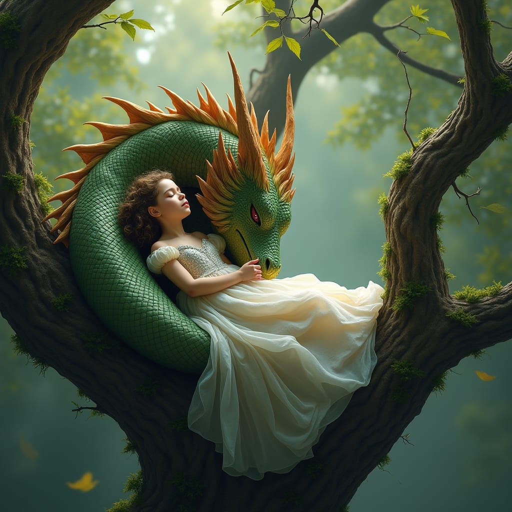 Majestic Nature Dragon Protecting Sleeping Girl
