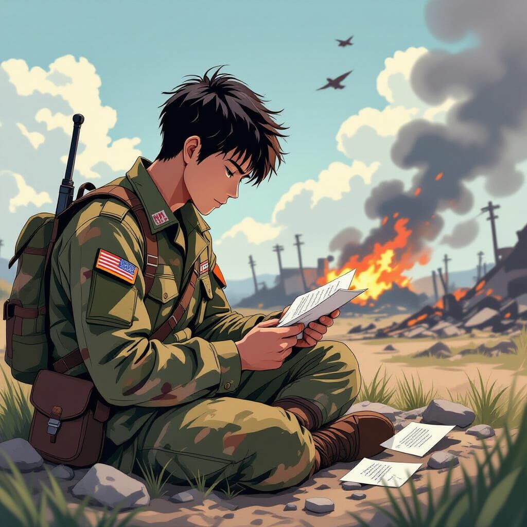 Anime Soldier Writes Back to Enemy Amidst War-Torn Landscape