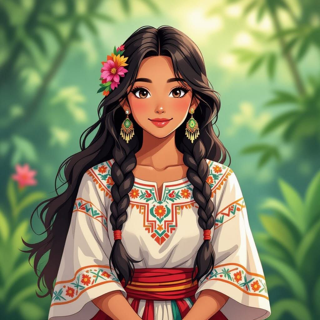 Aztec Lady with Olmec Patterns in Manga Style