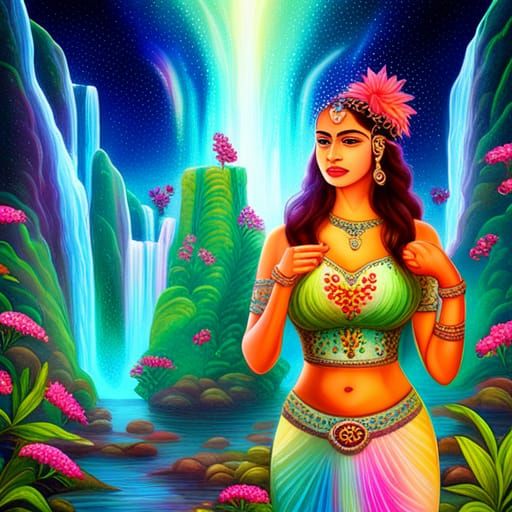 Bollywood Princesses Offer Sweets by Waterfall