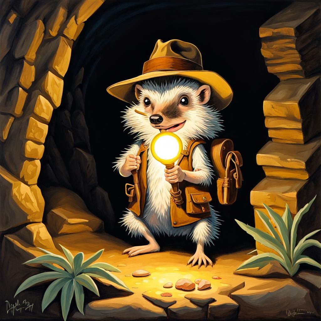 Hedgehog as Indiana Jones in Gouache Painting