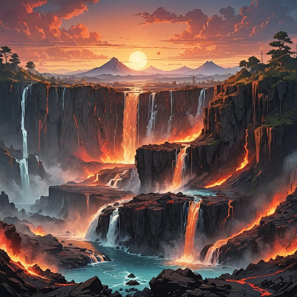 Post-Apocalyptic Waterfall Landscape in Anime Style