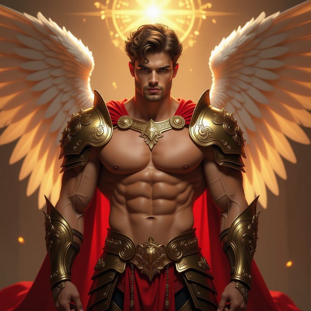 Muscular Angel in Red Gold Armor, Hyperrealistic Illustratio...