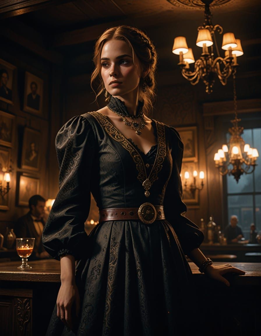 Bonnie Belle in Elegant Riding Gown, Dimly Lit Saloon