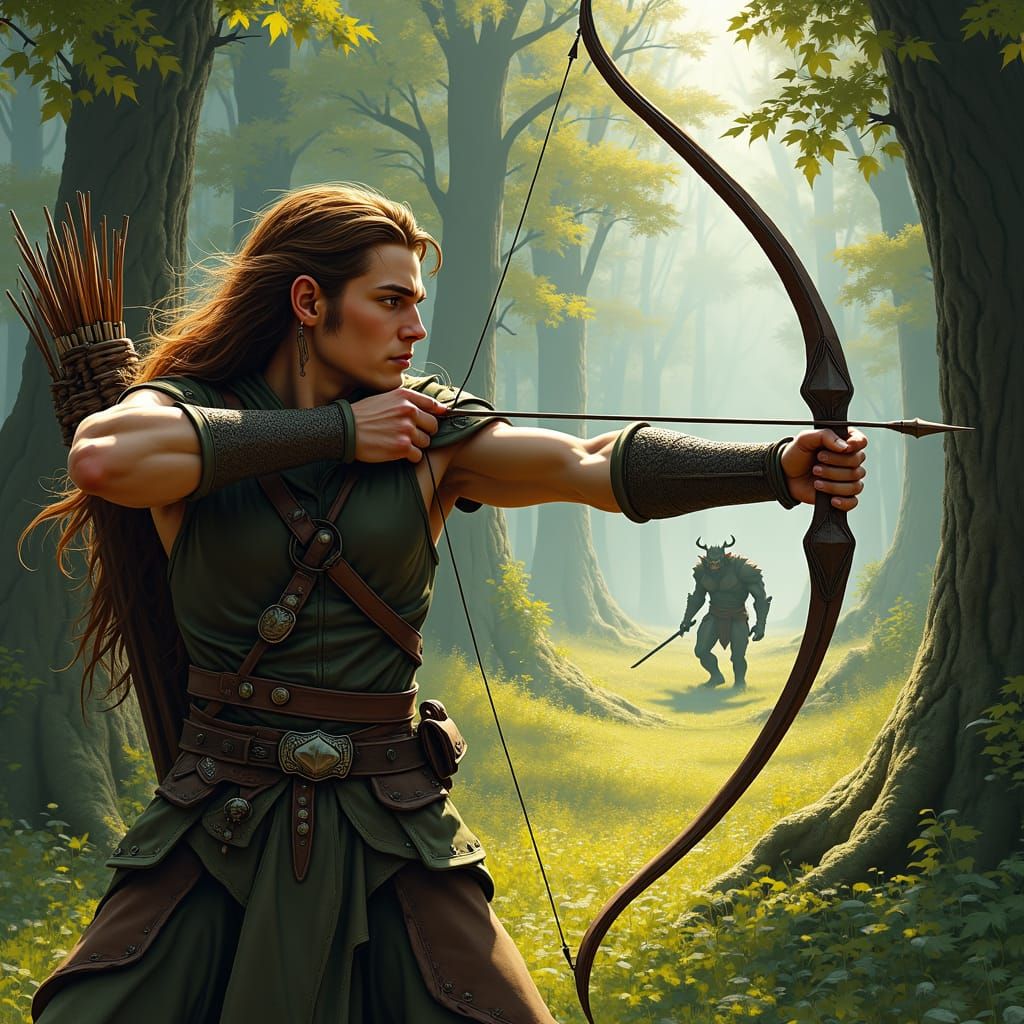 Elven Warrior Readying Arrow in Fantasy Landscape