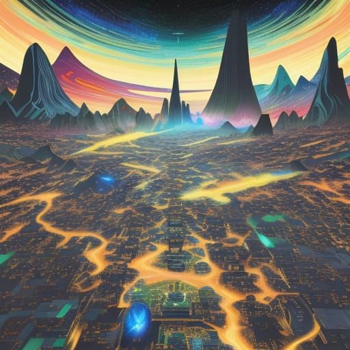 Vivid ukiyo-e style cubist and futuristic Galaxy Empire..  g...