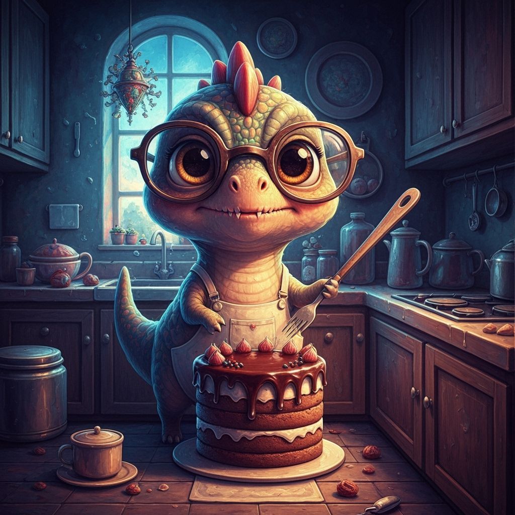 Charming Dino Baking Chocolate Cake in Whimsical Kitchen