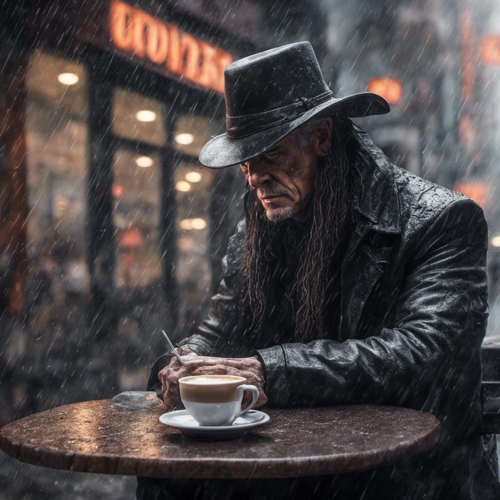 Hyperrealistic Undertaker Coffee Scene in the Rain