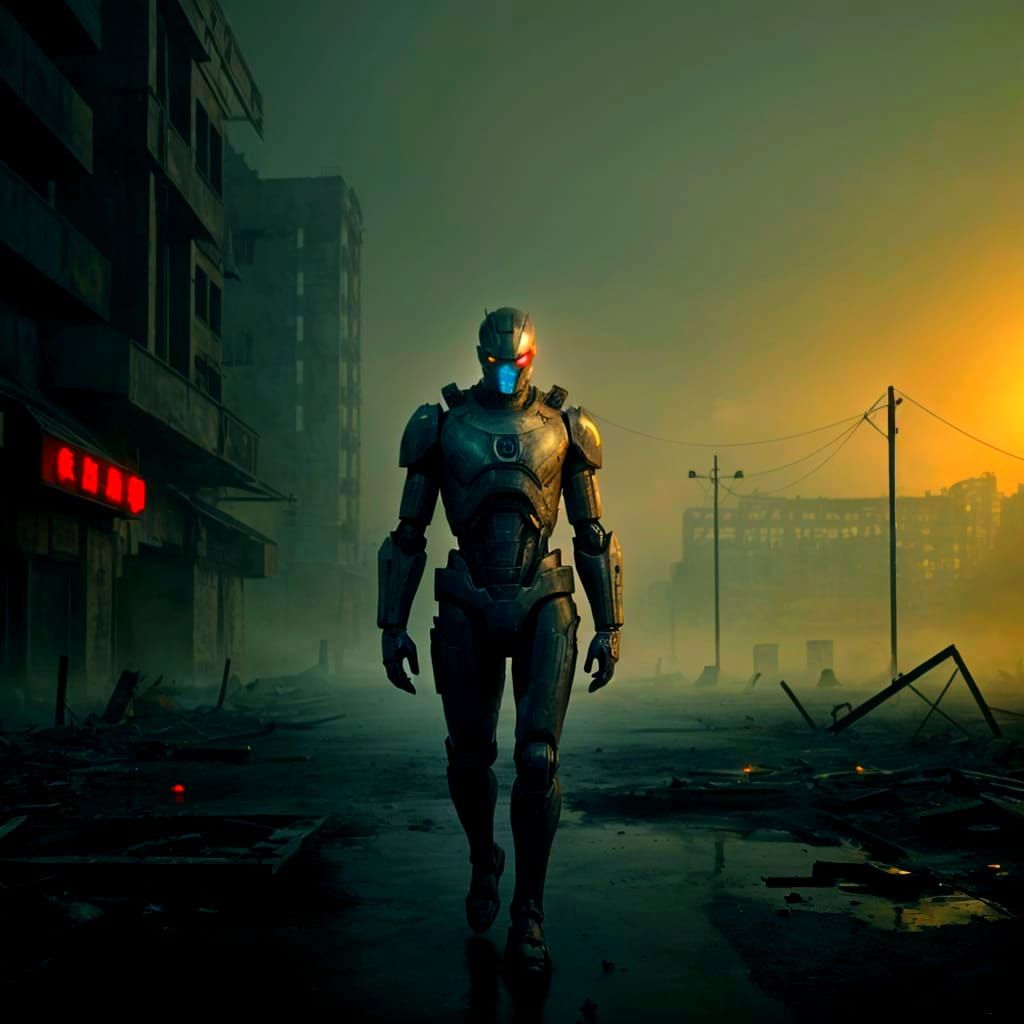 Lonely Robot in Post-Apocalyptic City: Hyperrealistic CGI