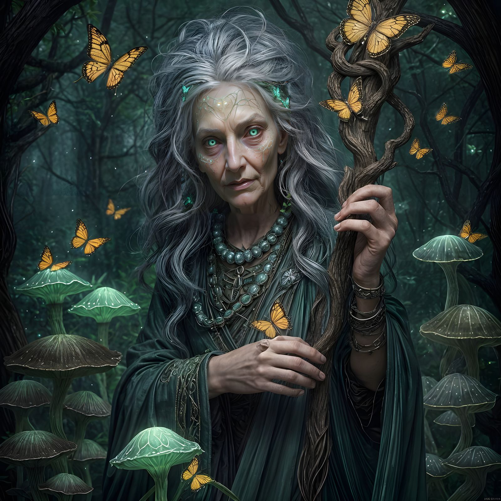Enchanting Forest Crone with Emerald Eyes