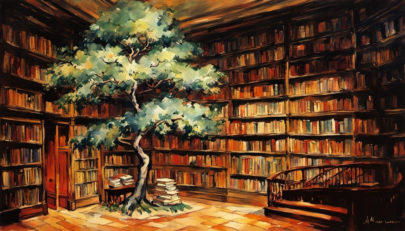 Library Tree: Impressionist Painting with Expressive Brushst...
