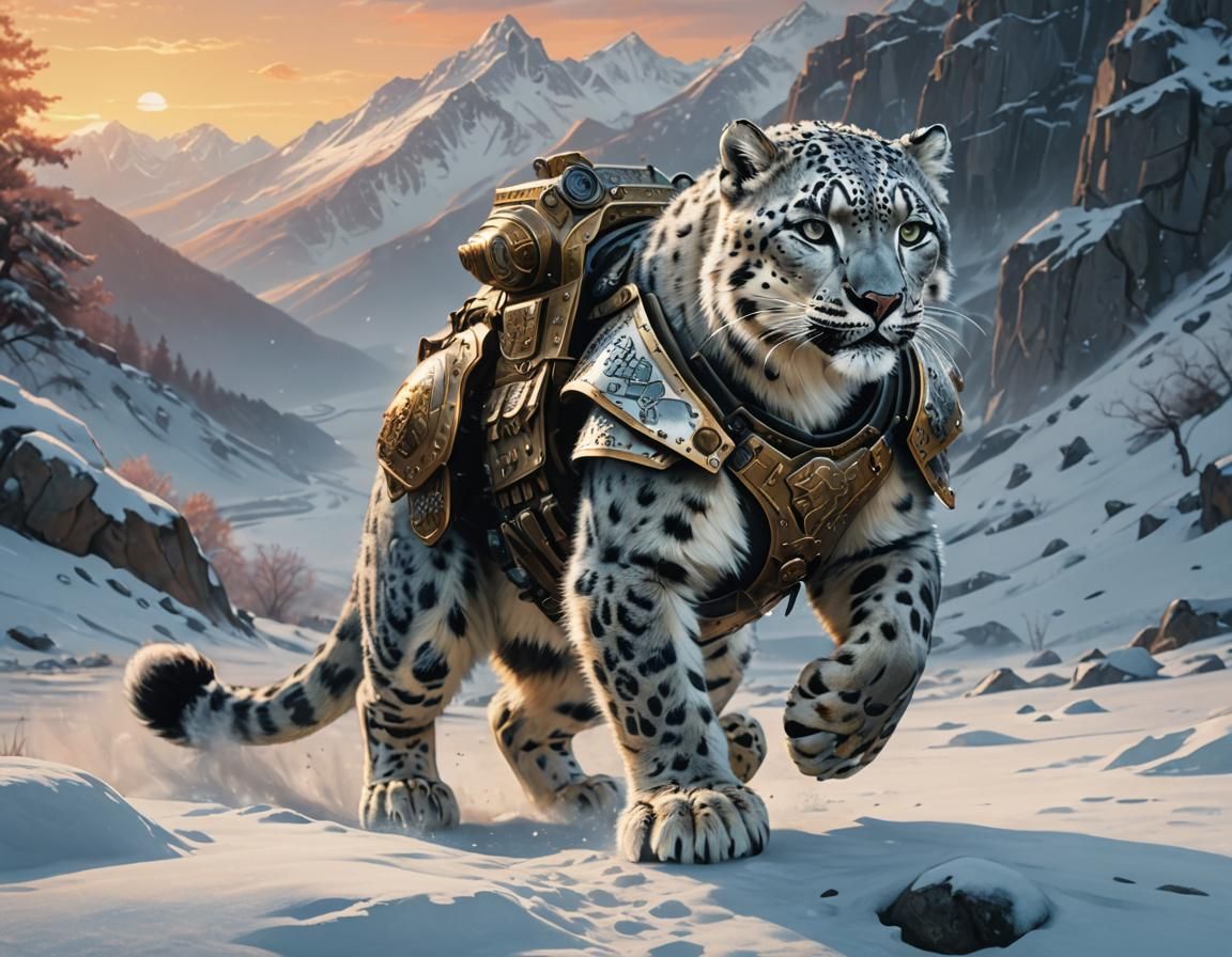 Armored Snow Leopard Ready to Leap, Hyper-Realistic Digital ...