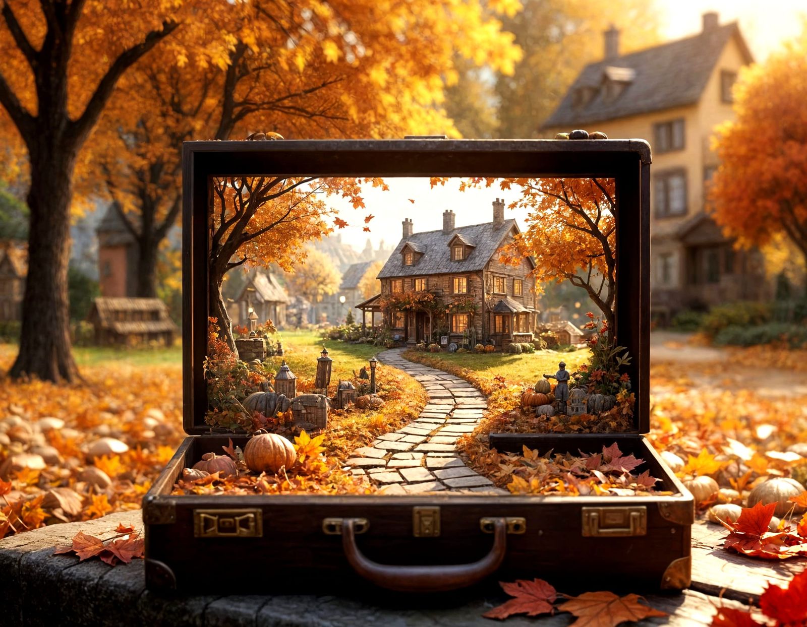 Hyperrealistic Autumn Village Inside Vintage Case