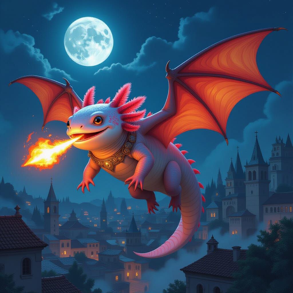 Fire-Breathing Axolotl Dragon Soaring Over Medieval Town