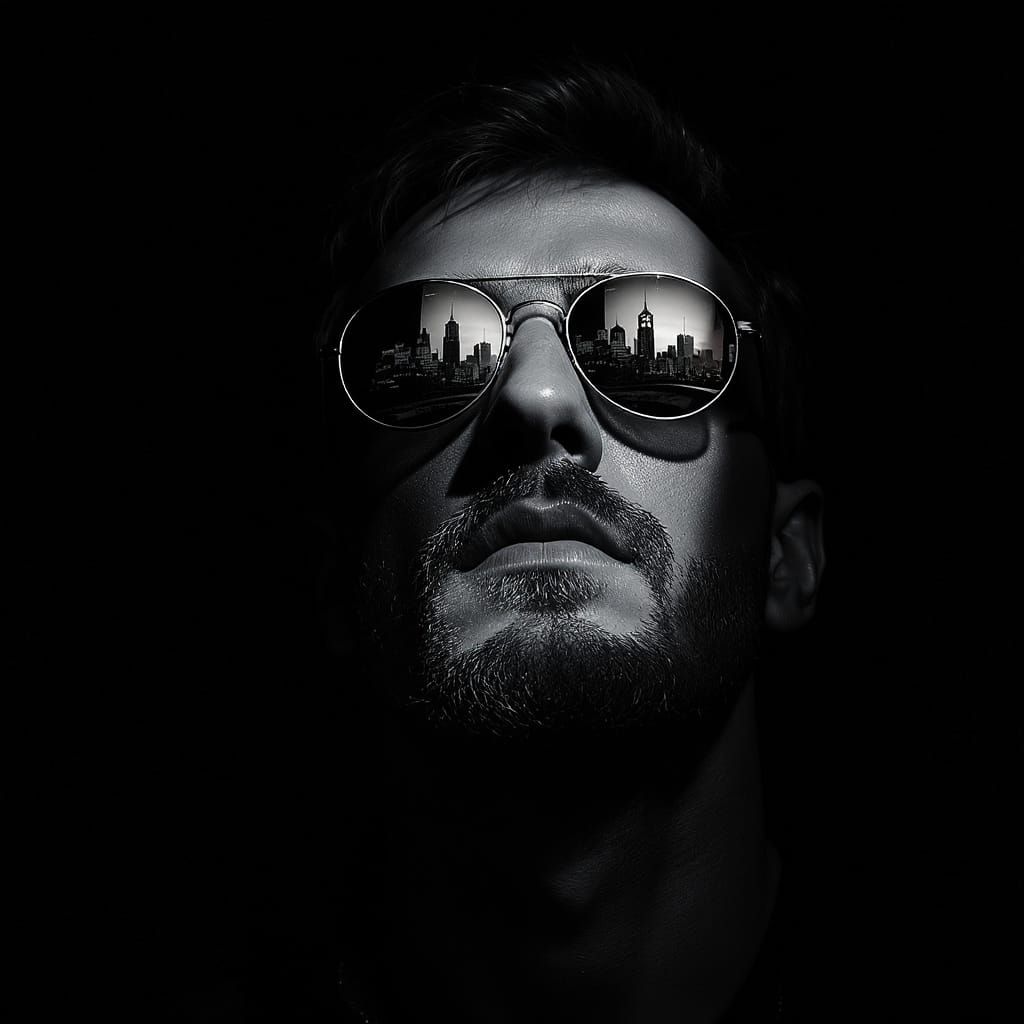 Intense Noir Portrait with Reflected Cityscape