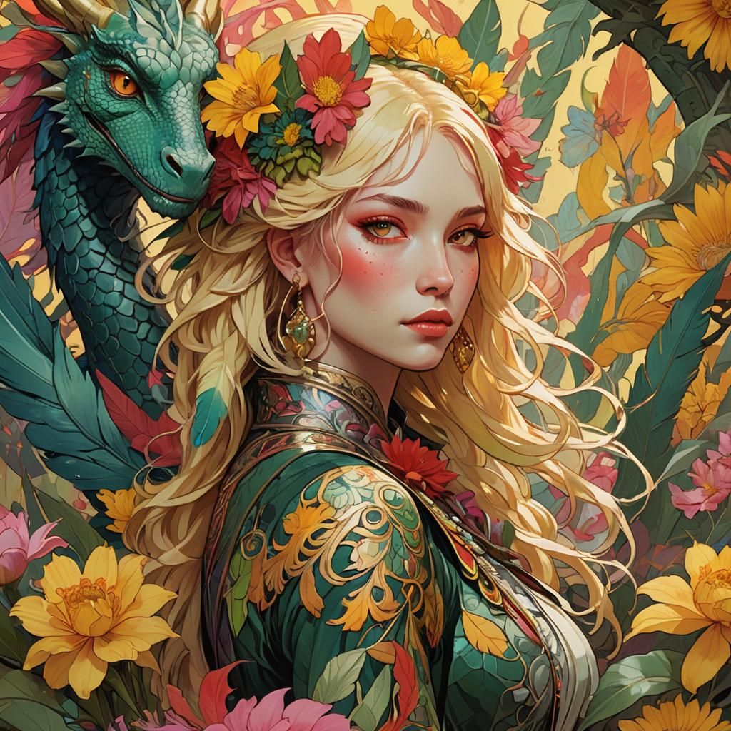 Dragon Woman with Colorful Feathers, Art Nouveau Style