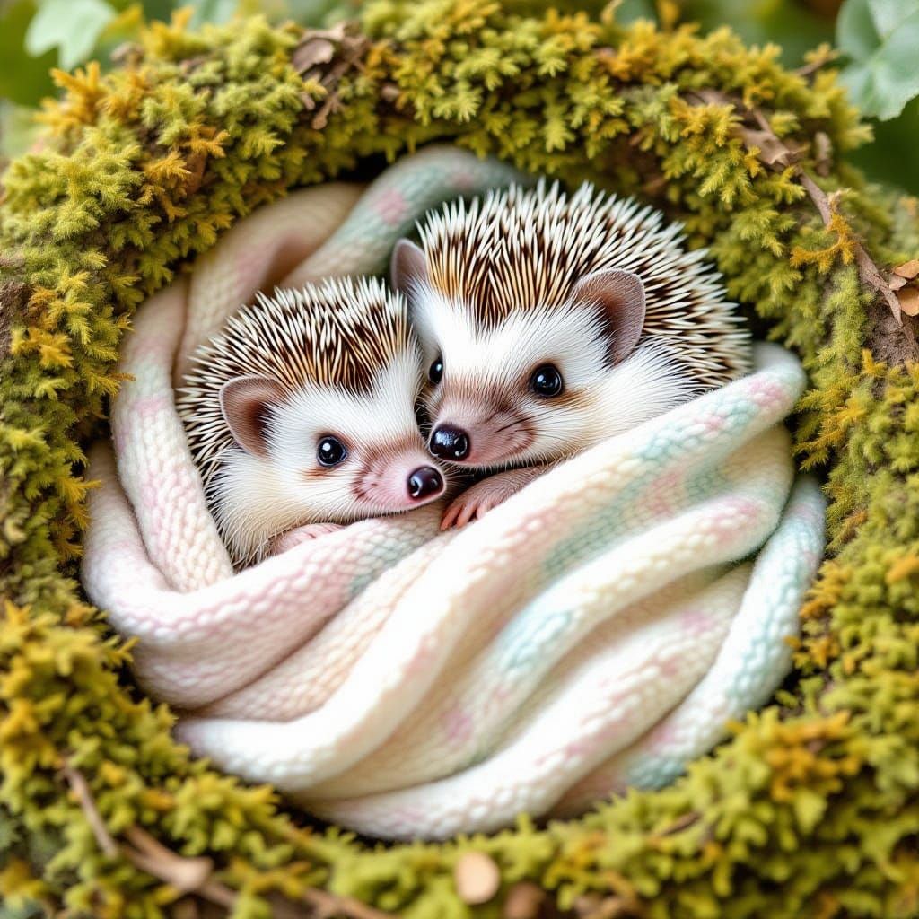 Quaint Hedgehog Family in Whimsical Nature Setting