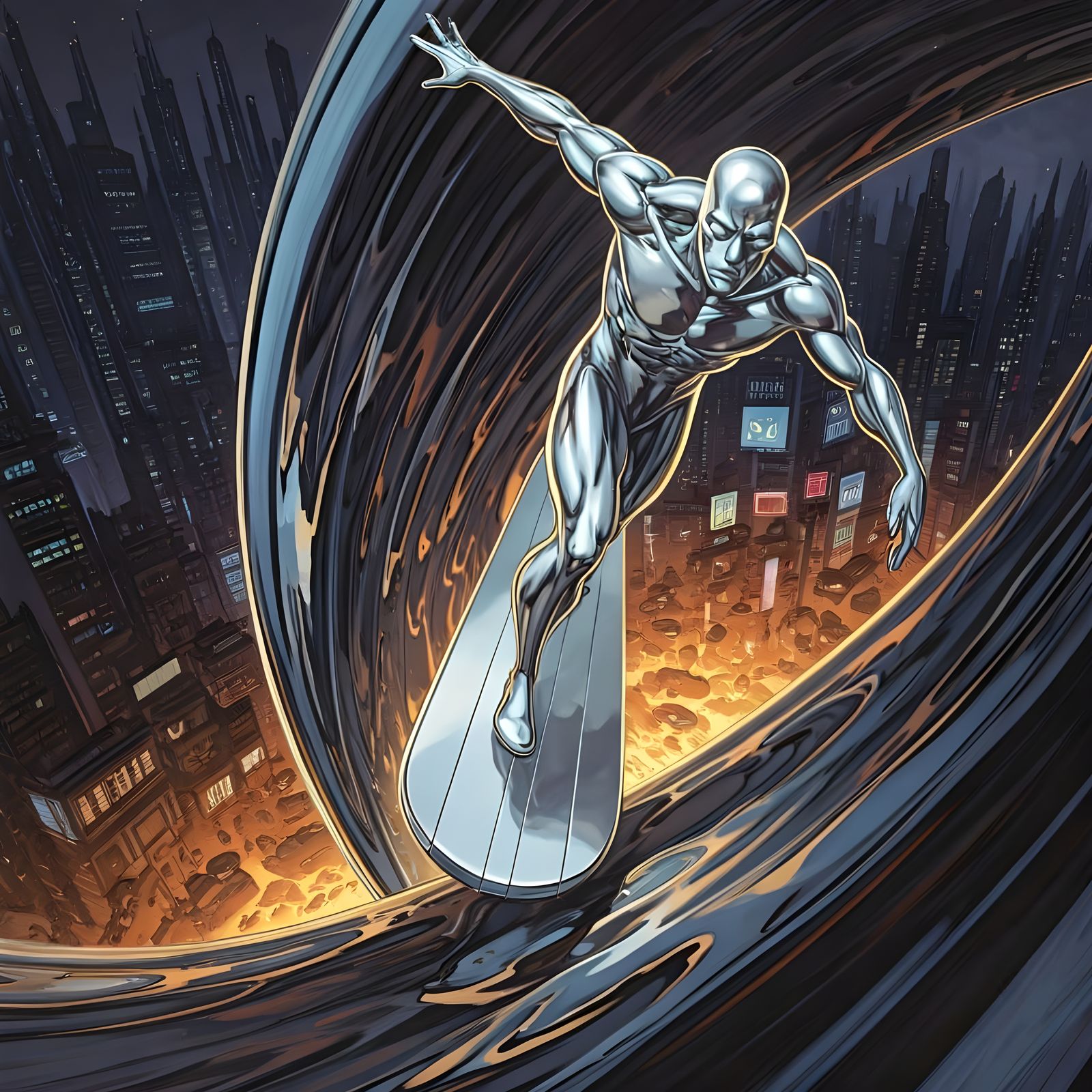 Epic Chrome Wave Rider in a Futuristic Metropolis
