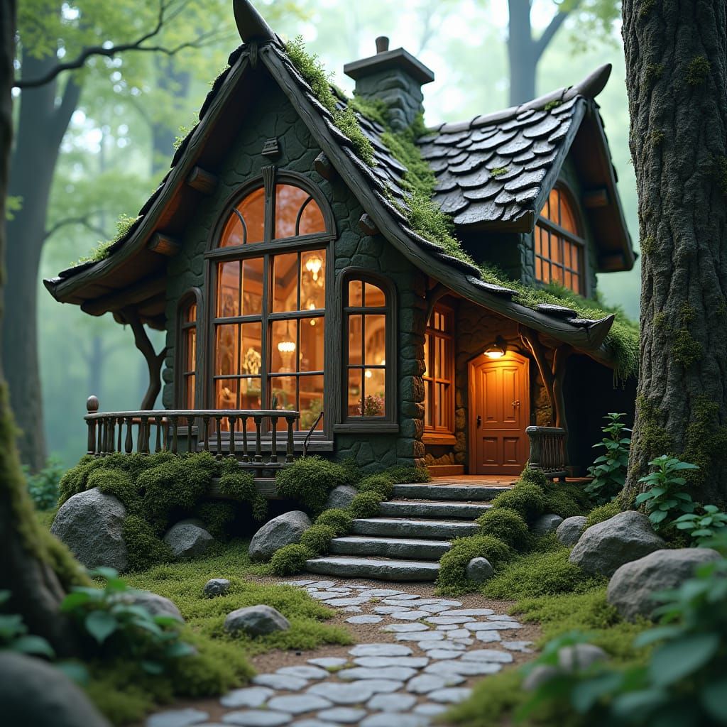 Enchanting Elf House in Forest, Matte Painting