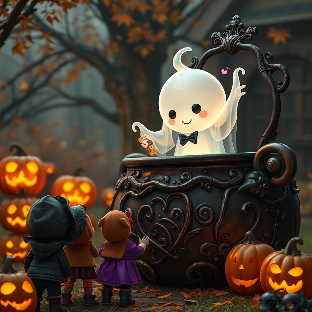 Ethereal Chibi Ghost Handing Out Halloween Candy
