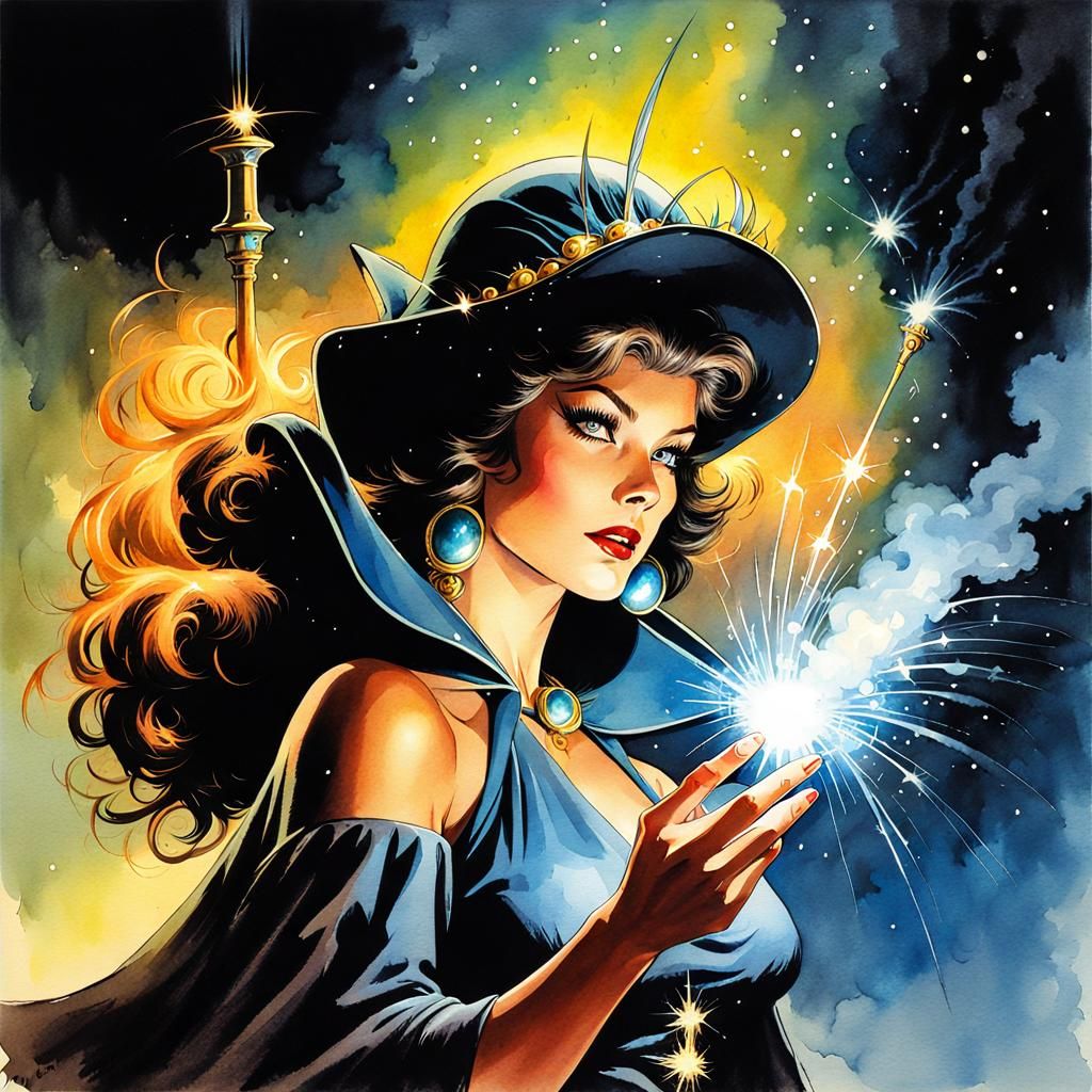 Sorceress Casting Spell in Digital Watercolor Style