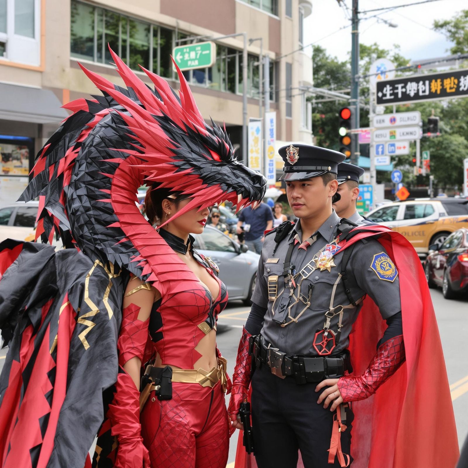 Superhero Asian Female in Heroic Costume Meets Police