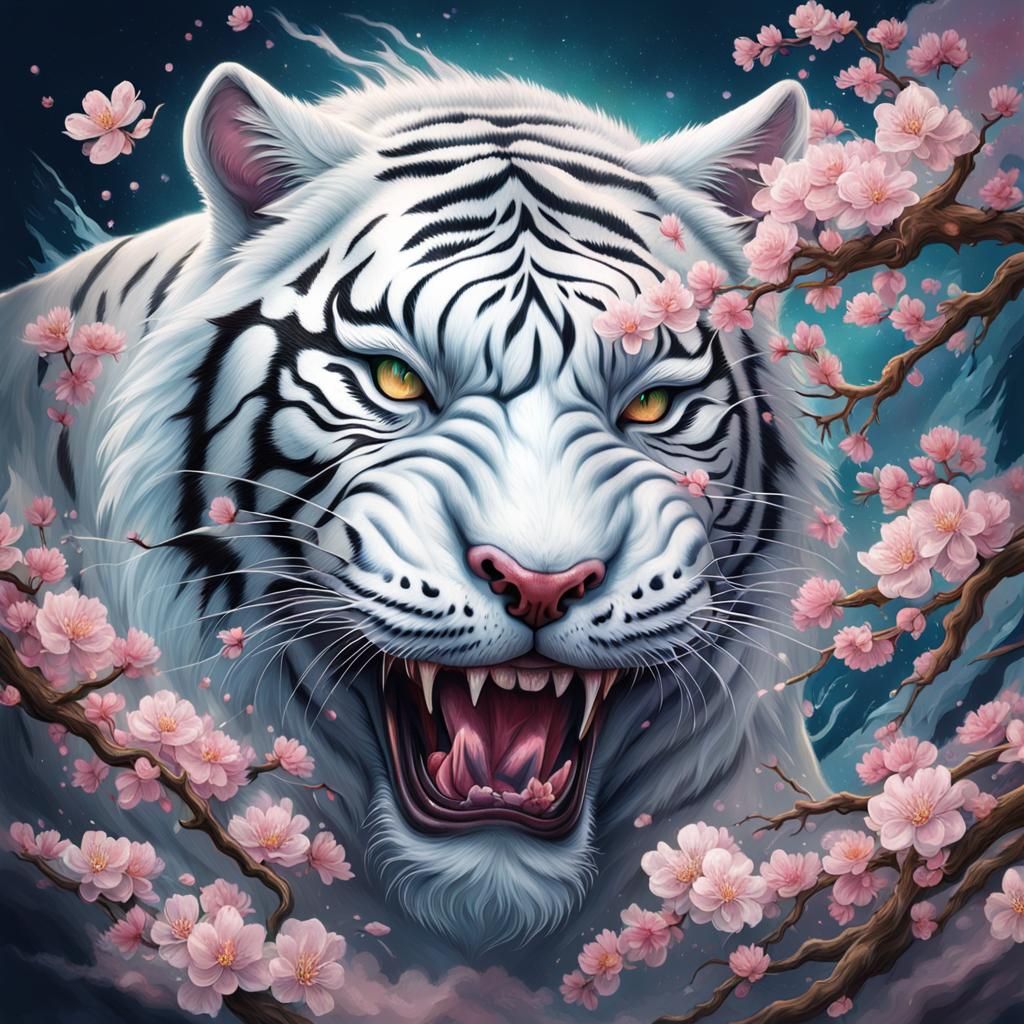 White Tiger and Dragon Tattoo Art with Cherry Blossoms