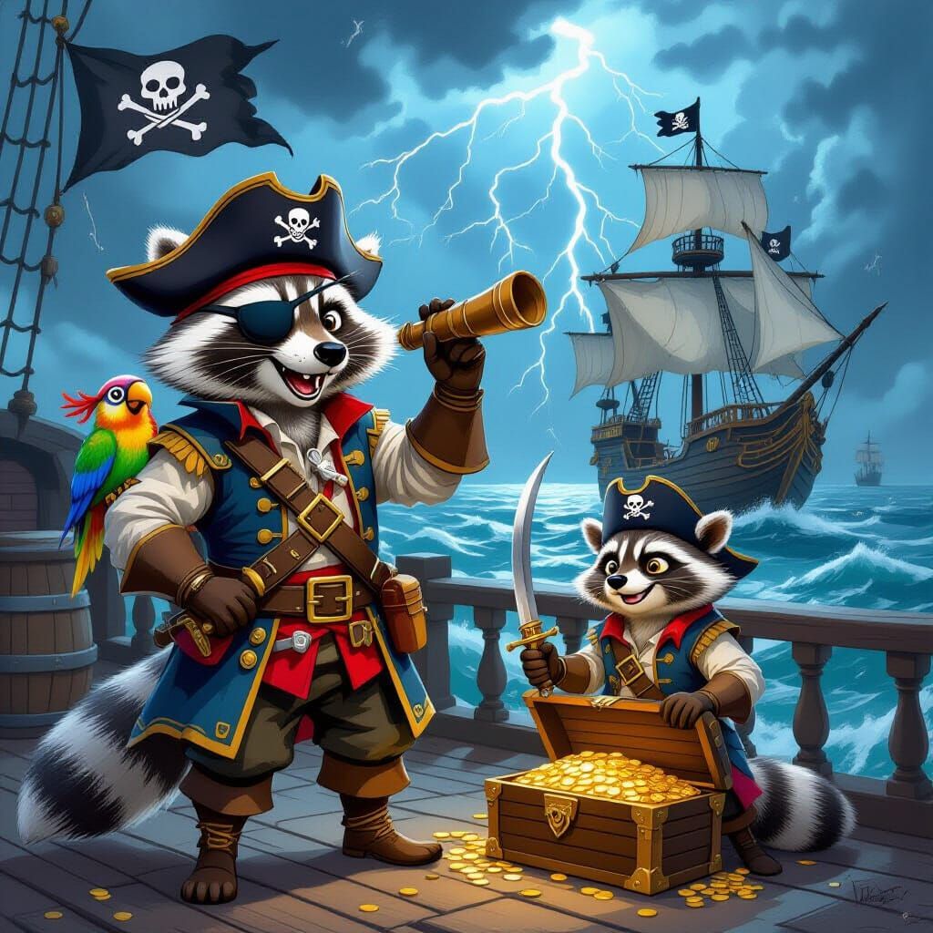 Raccoon Pirate Captain on Stormy Seas as Gouache Painting