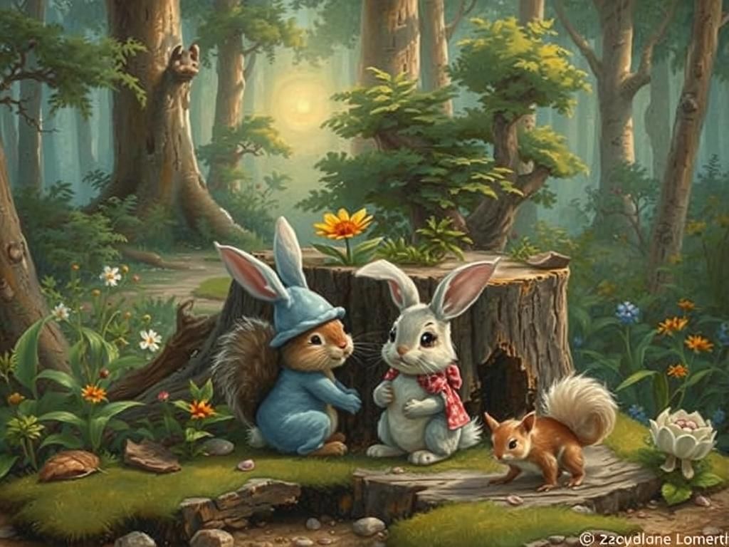 Bunny and Squirrel in Dreamy Forest Glade