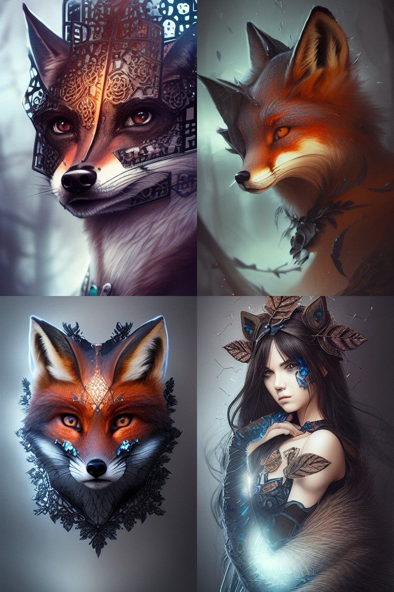 Fox Face with Roses in Hyper-Realistic Style