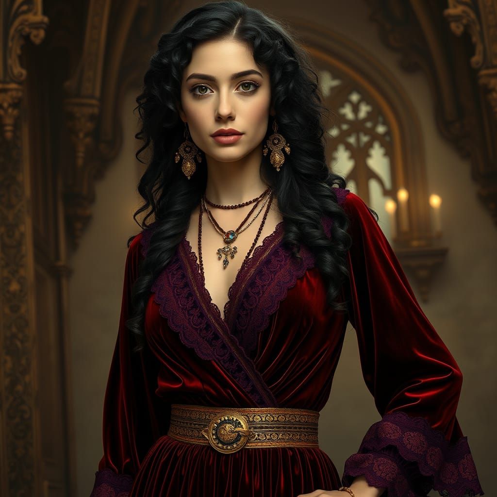 Gipsy Woman in Velvet Dress, Art Nouveau Style