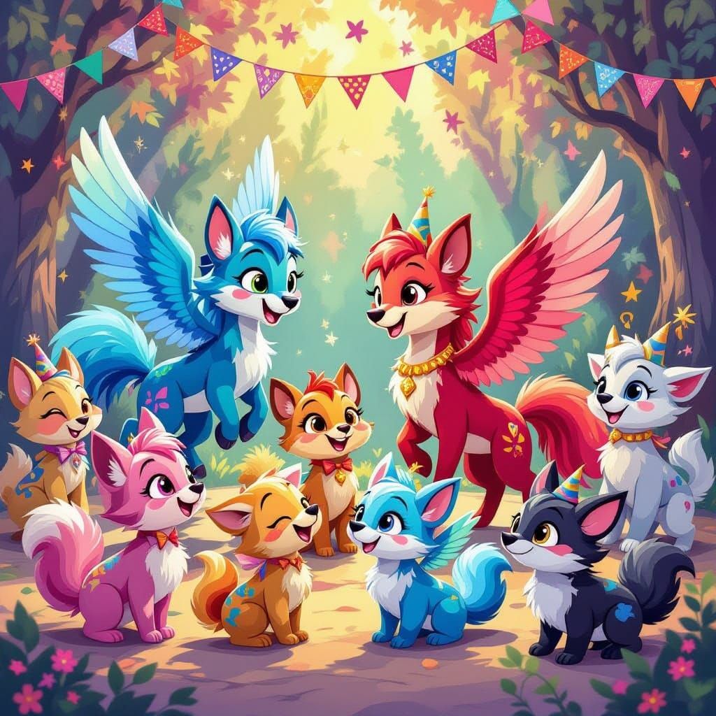Whimsical Cartoon Party with Magical Creatures
