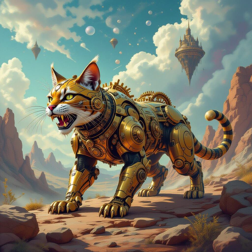 Steampunk Saber-Toothed Cat in a Dreamlike Landscape