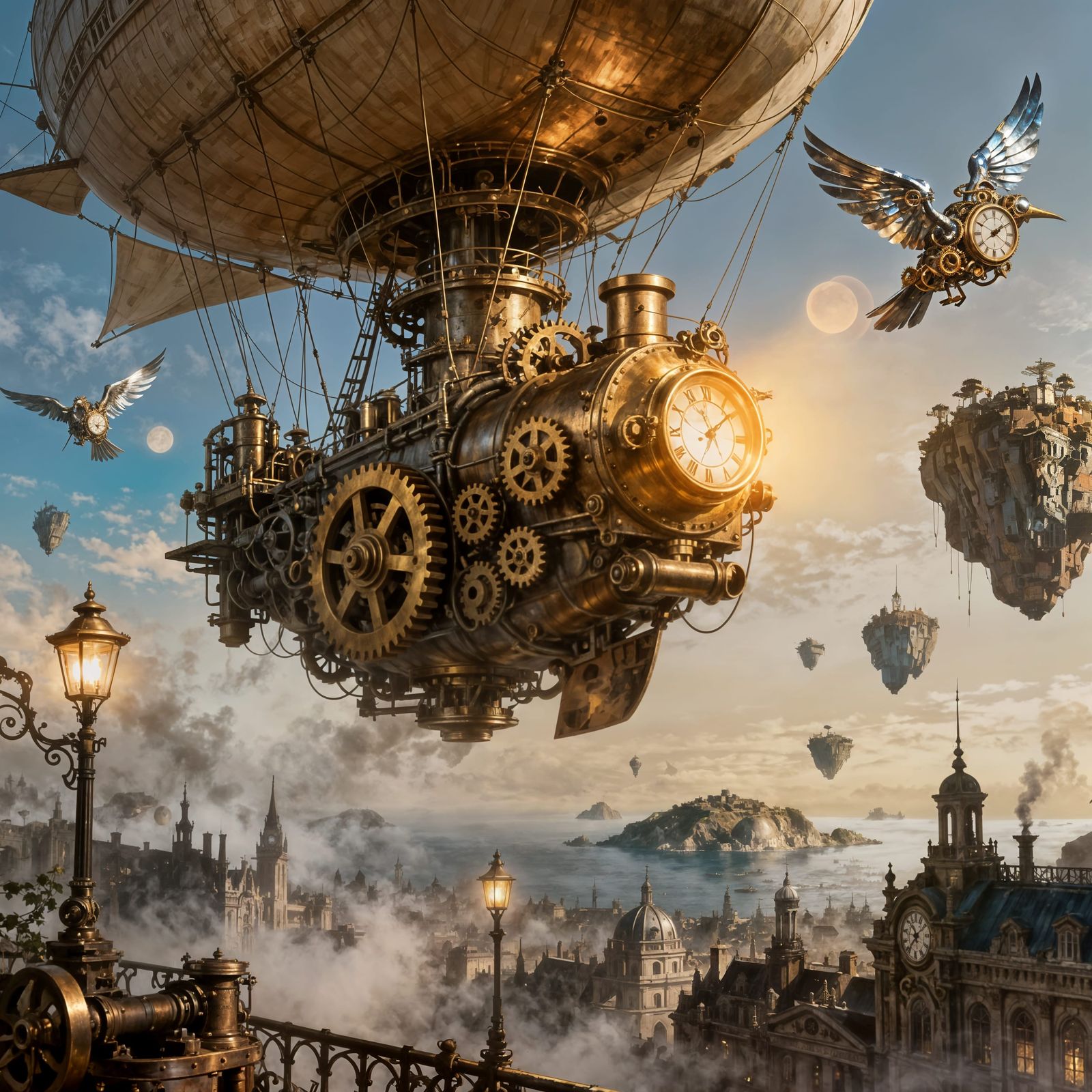Steampunk Airship Above Victorian City with Clockwork Birds