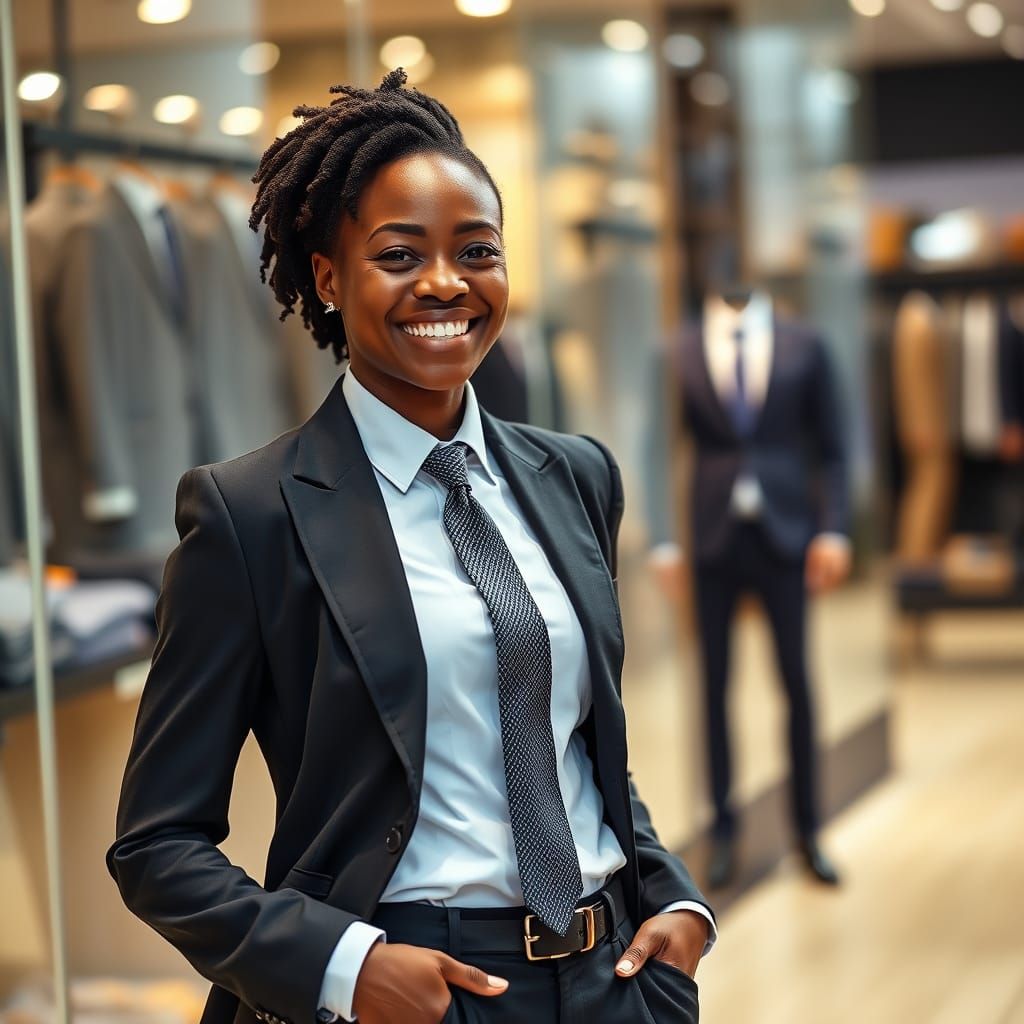 Smiling Woman in Tailored Suit in Clothing Shop